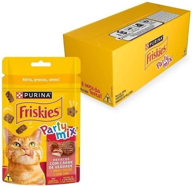 FRISKIES® PARTY MIX Petisco para Gatos Adultos Carne, Cordeiro e Carne Suína 40g Display 15 Unidades