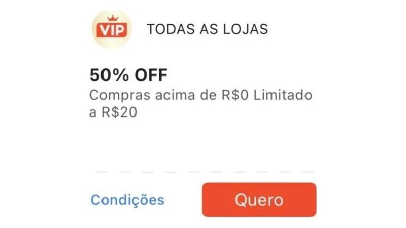 Cupom Shopee VIP - 50% OFF, Limitado a R$ 20