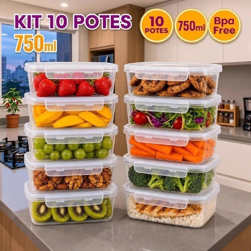 Kit com 10 Potes 750ml com Tampa Trava Plástico Transparente