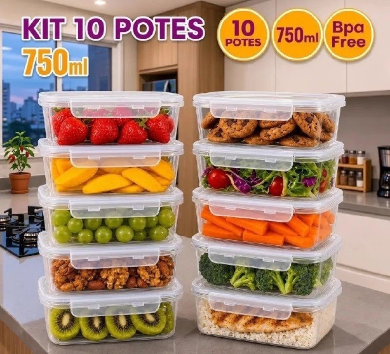 Kit 10 Potes 750ml com Tampa Trava Plástico Transparente para Mantimentos e Alimentos Marmita Organizador de Cozinha Geladeira e Freezer