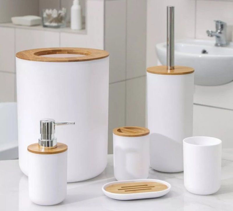 Kit Conjunto Banheiro 6 Peças Lixeira Com Tampa Bambu Plástico Organizador Decoração Lavabo Suporte Sabonete Liquido Escova De Dente Lixo Escova De Vaso Sanitario Preto Shokki