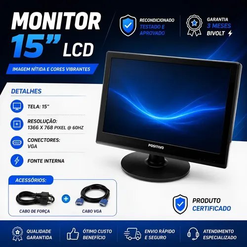Monitor Lcd 16 Polegadas Wide Com Cabos