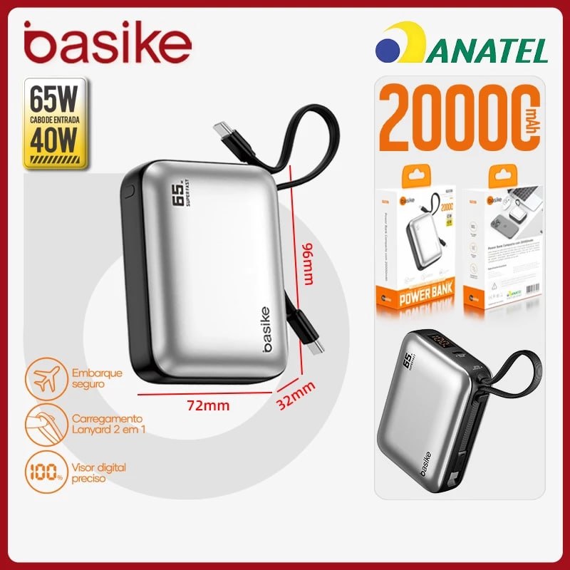 Basike Power Bank Turbo 20000mAh 65W - Carregador Rápido com Cabo