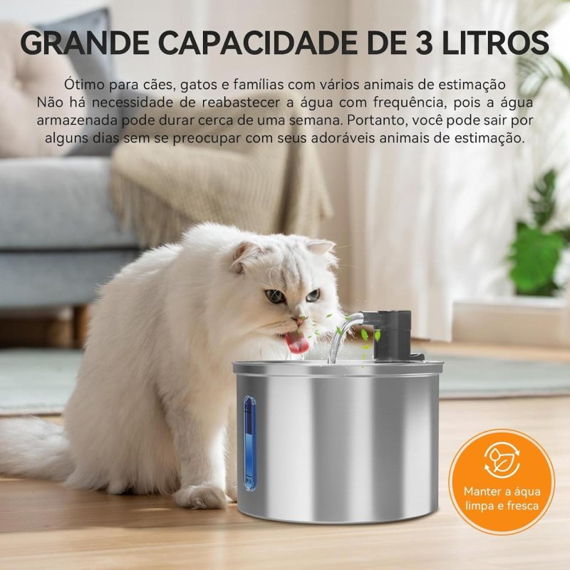 Fonte Bebedouro para Gatos 3L em Inox, Silenciosa e Bivolt