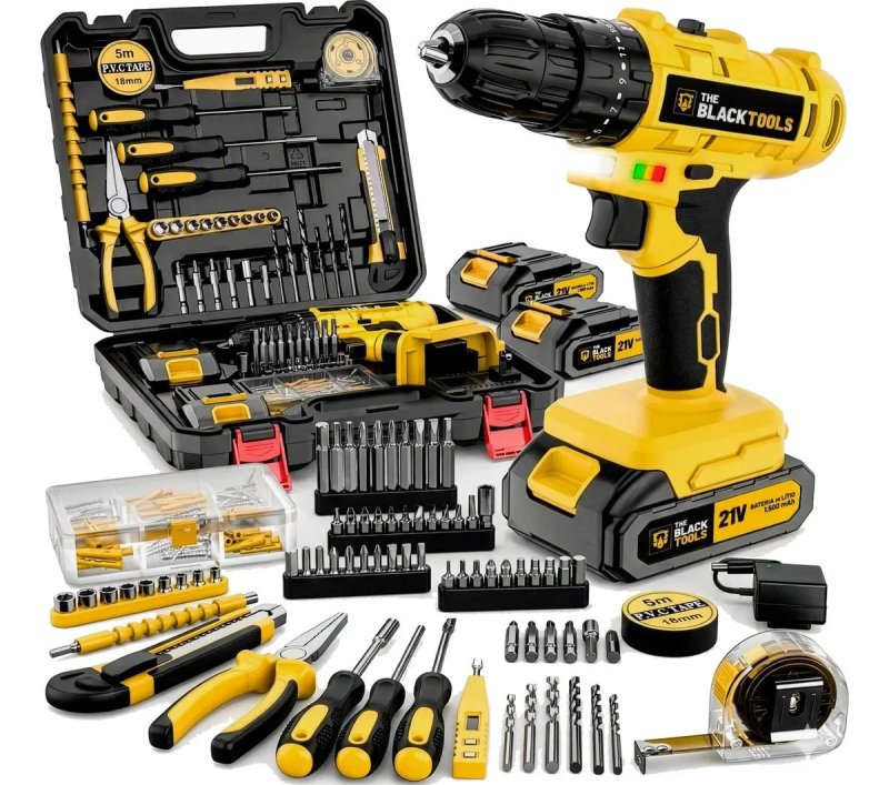 Parafusadeira/Furadeira de Impacto The Black Tools com 2 Baterias + Maleta + Kit 134 Peças