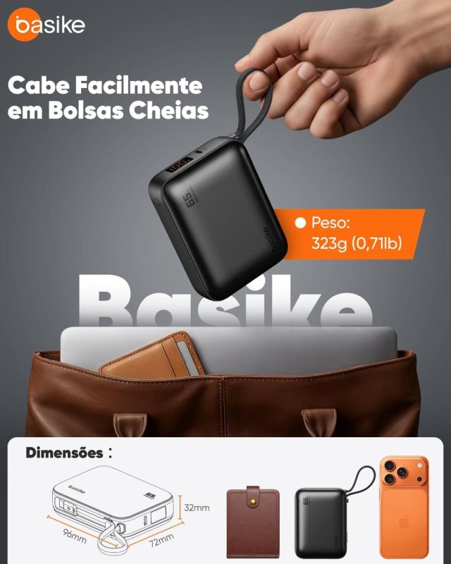Power Bank Basike 20.000mAh 65W com Cabo USB-C Integrado