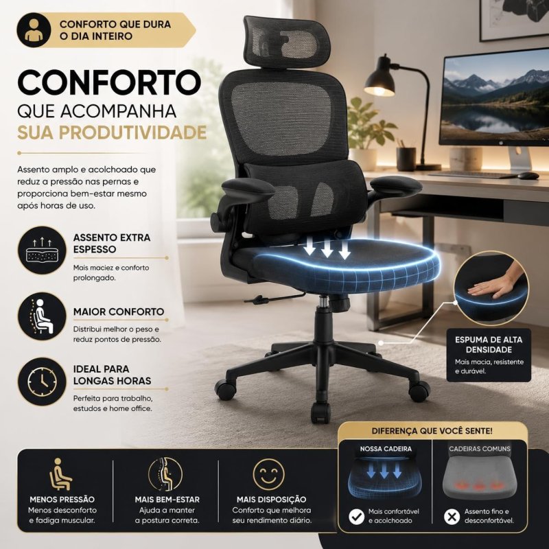 Cadeira de Escritório Preta Design Ergonômico com Suporte Lombar com Apoio de Cabeça