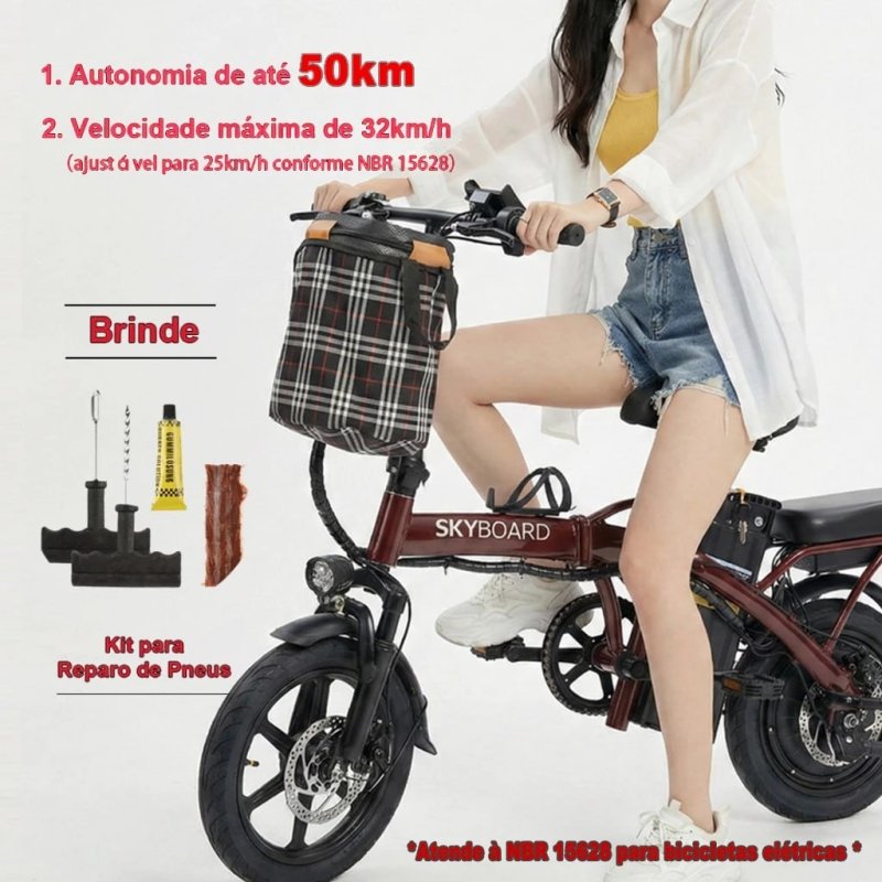 SKYBOARD Bicicleta Elétrica Dobrável 48V 15Ah 350W - Autonomia 40-45km
