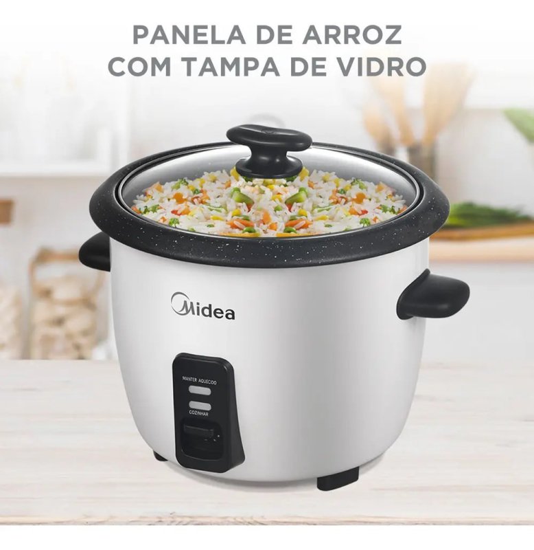 Midea Panela de Arroz Elétrica 7 Xícaras - Cozimento a Vapor - Tampa Vidro
