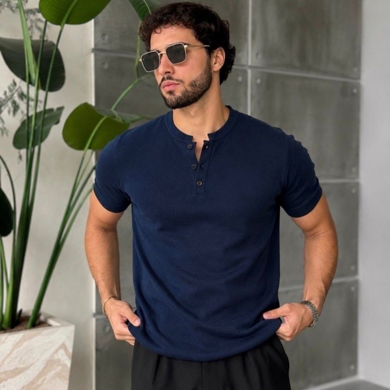 Camiseta Henley Masculina Anistia Fit Algodão Premium