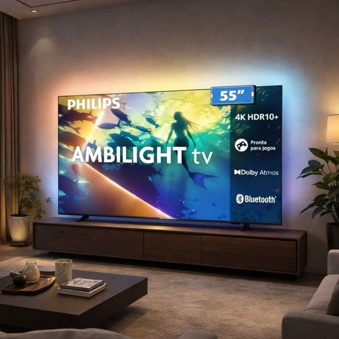 PHILIPS, Smart TV Ambilight 55" 4K, Titan OS, 55PUG8100/78, Comando de Voz, HDR10+/Dolby Atmos, VRR/ALLM, Bluetooth