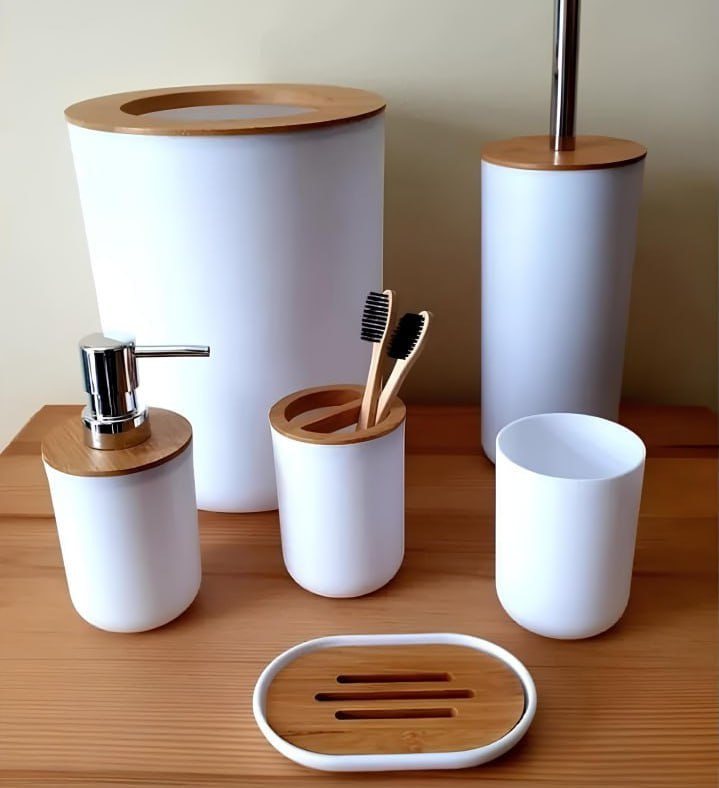 Kit Conjunto Banheiro 6 Peças Lixeira Com Tampa Bambu Plástico