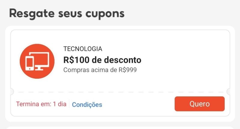 CUPOM SHOPEE: R$100 OFF em R$999 em Tecnologia