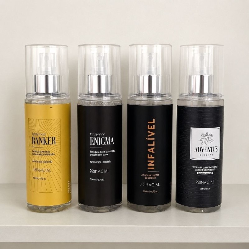 KIT BODY SPLASH MASCULINO INFALIVEL + ENIGMA + BANKER + ADVENTUS 200ML - PRIMACIAL PERFUME AMADEIRADO + Frete Grátis