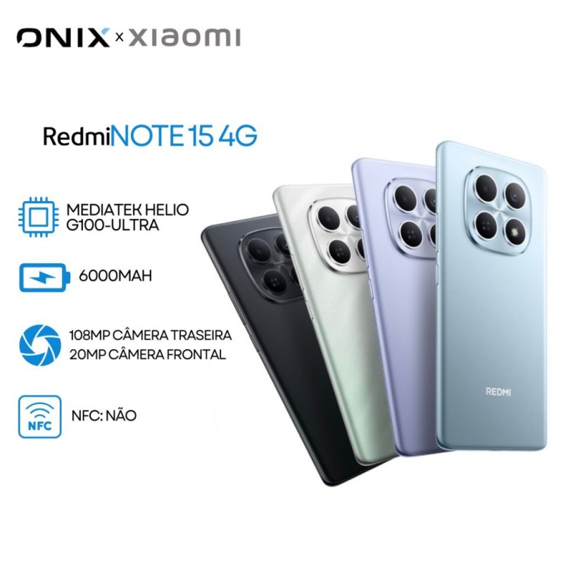 Xiaomi Redmi Note 15 4G, Processador Mediatek Hélio G100-Ultra, Bateria 6000mAh, 128/6GB RAM- 256/8GB RAM