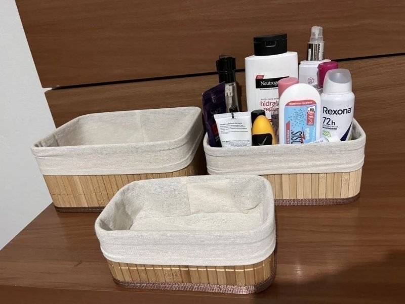 Kit 3 Cestos Organizador De Bambu Multiuso Com Forro