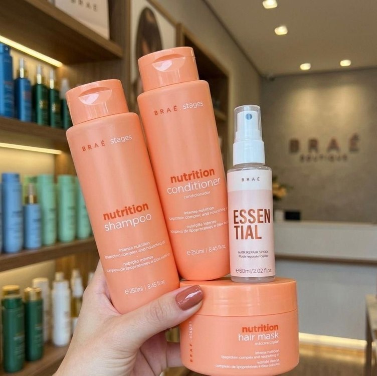 Kit Braé Stages Nutrition Shampoo, condicionador, máscara + Essential 60ml