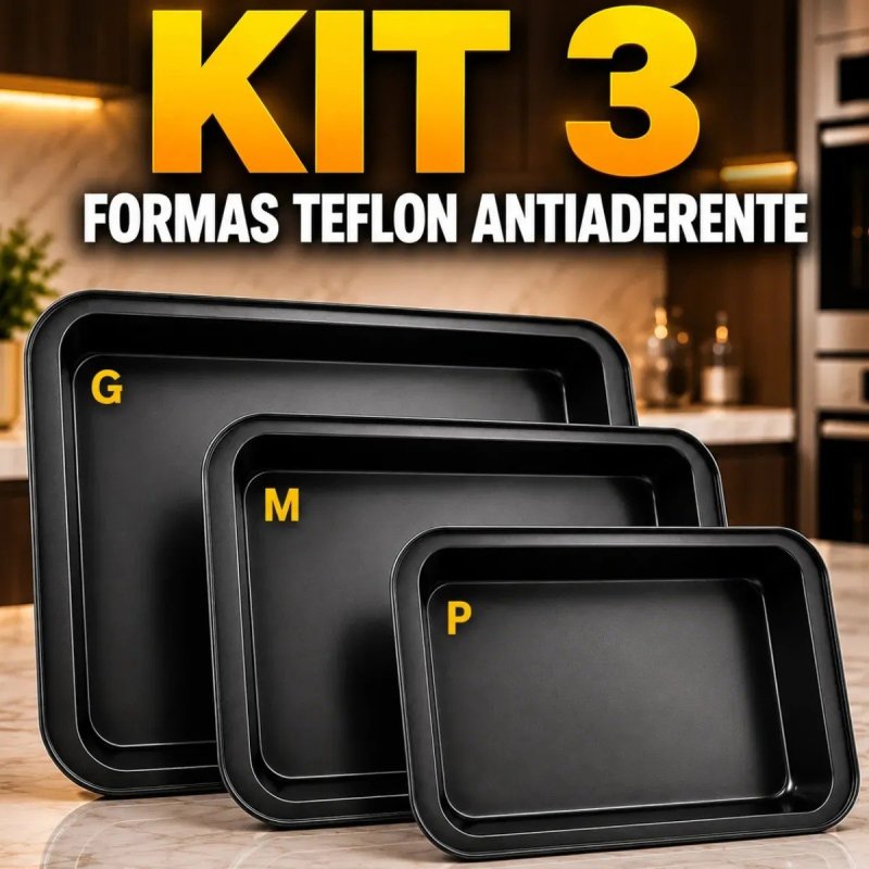 Kit Com 3 Formas Assadeiras Teflon Antiaderente Tamanhos PMG Retangular