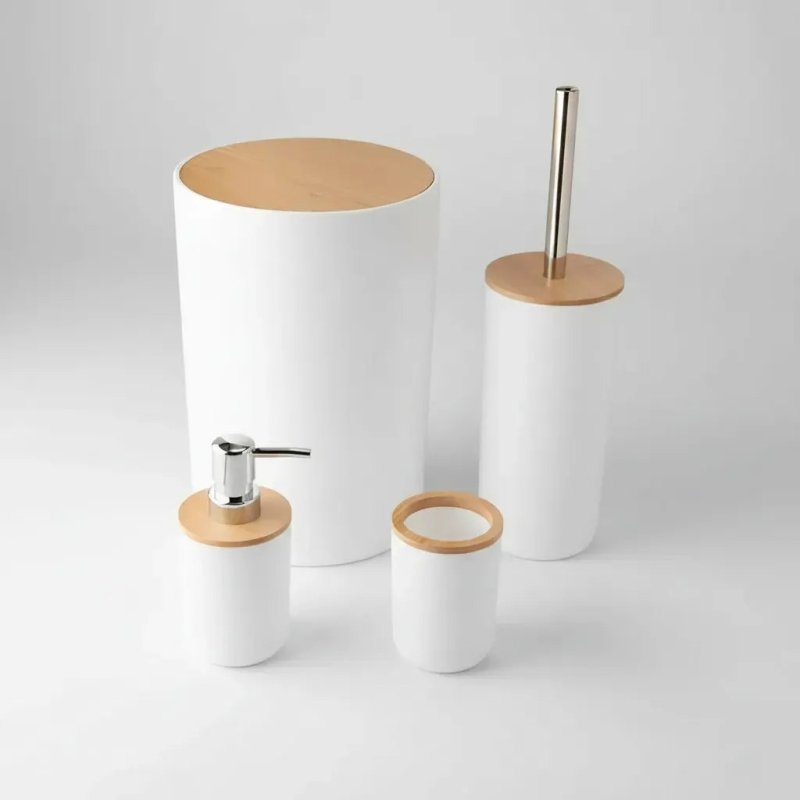 Kit Banheiro Lixeira Porta Escova 4 Peças Tampa Bambu Cor Branco Redondo