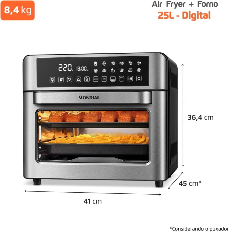 MONDIAL Fritadeira Air Fryer 25L - 2000W - Preto/Inox