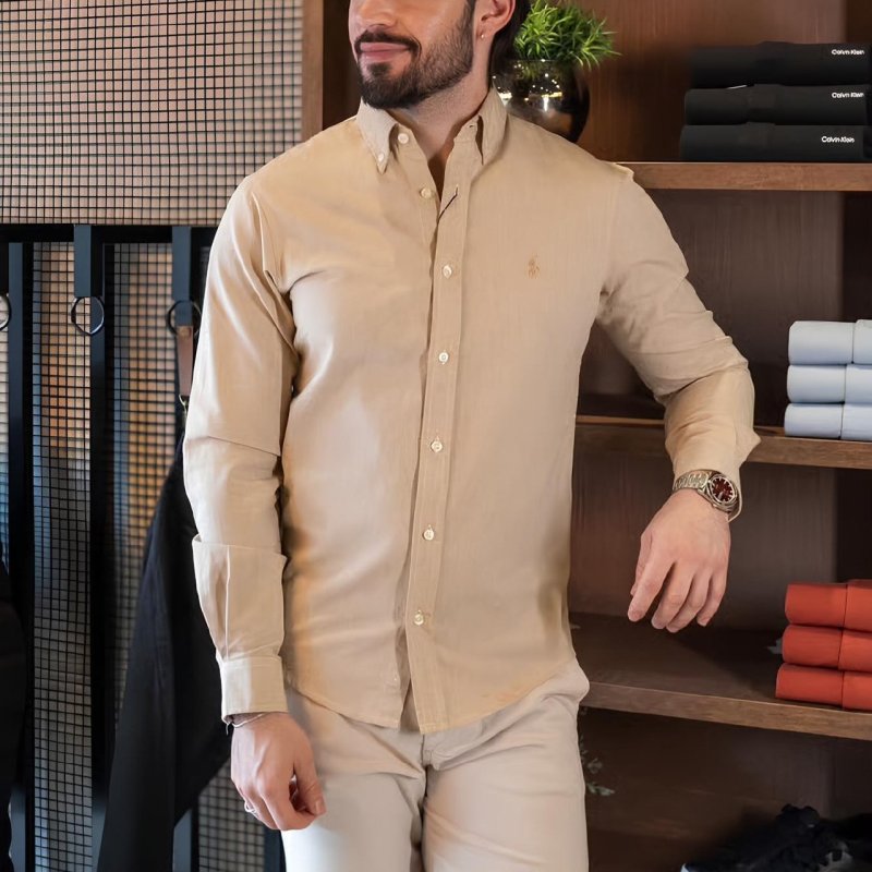 Camisa Oxford Manga Longa Polo Masculina Caqui