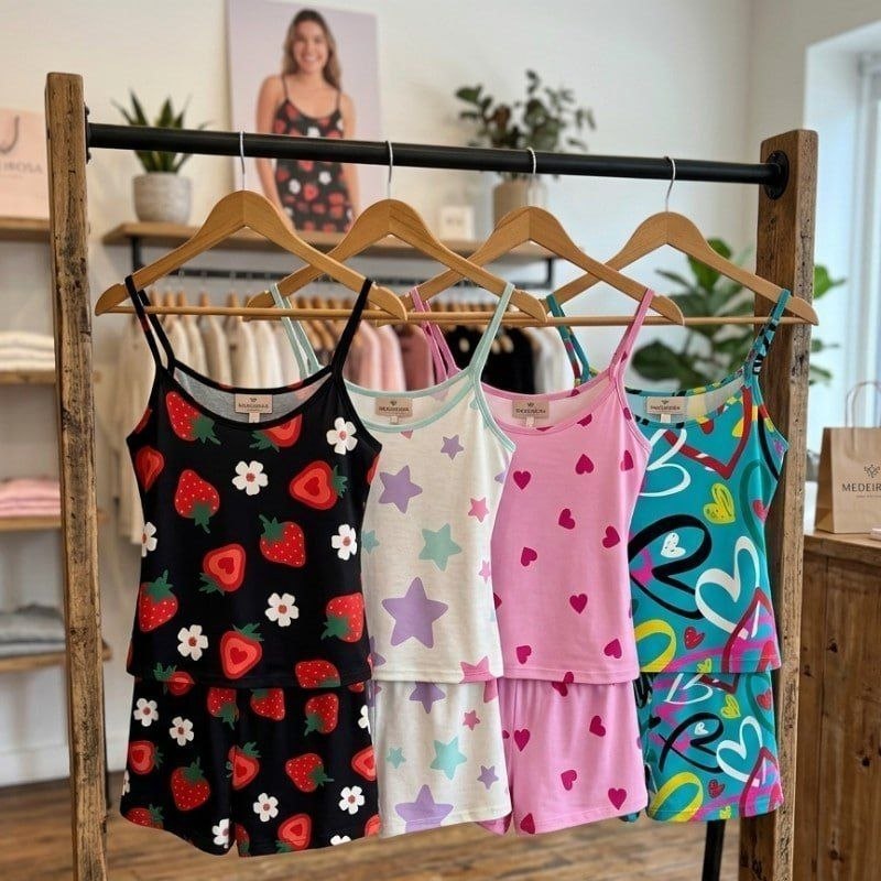 Kit 4 Conjuntos Femininos Baby Doll Pijama Short E Blusa