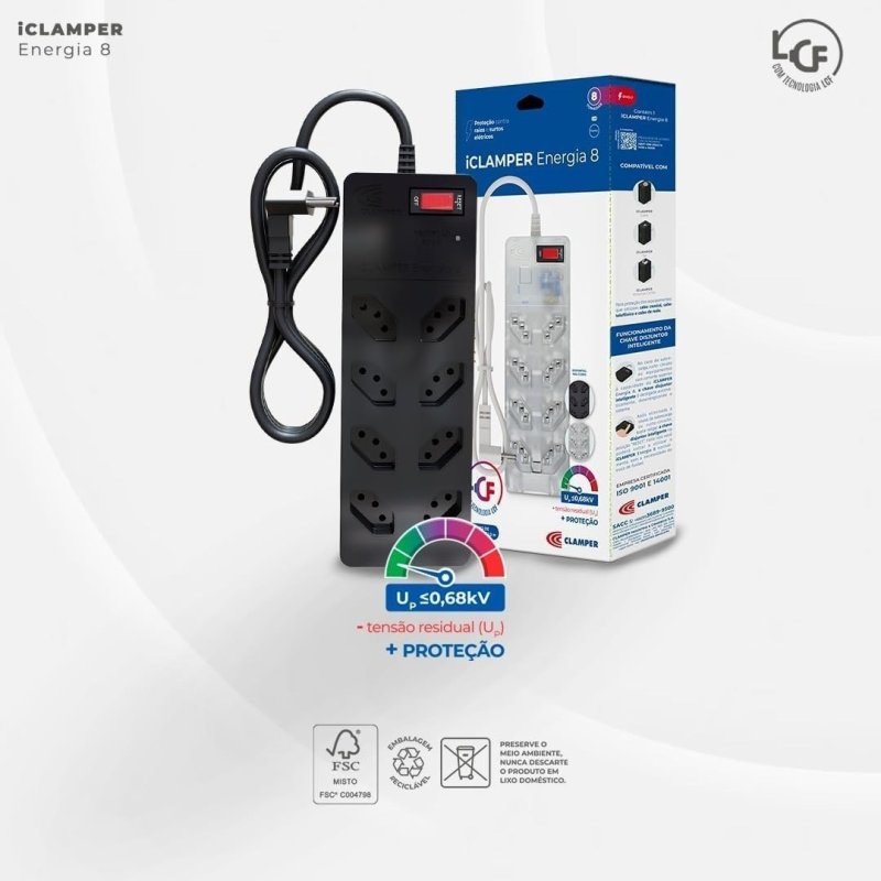 Filtro de Linha com Protetor de Surto DPS iCLAMPER Energia 8 Tomadas