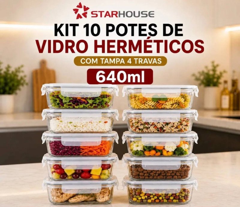 Kit 10 Potes Herméticos Vidro 640ml
