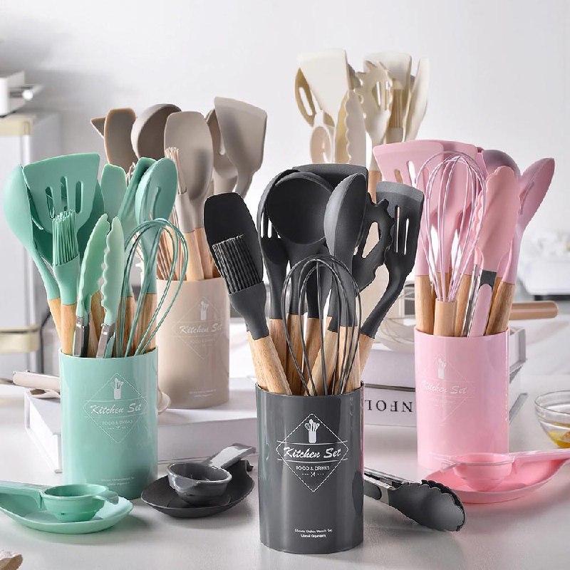 Kit 12 Utensílios De Cozinha Silicone Cabo Madeira