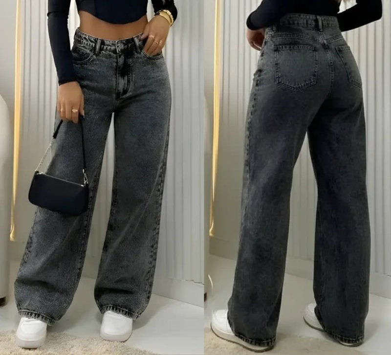 Calça Jeans Wide Leg Feminina Cintura Alta Pantalona Preto Black Marmo Liso 40