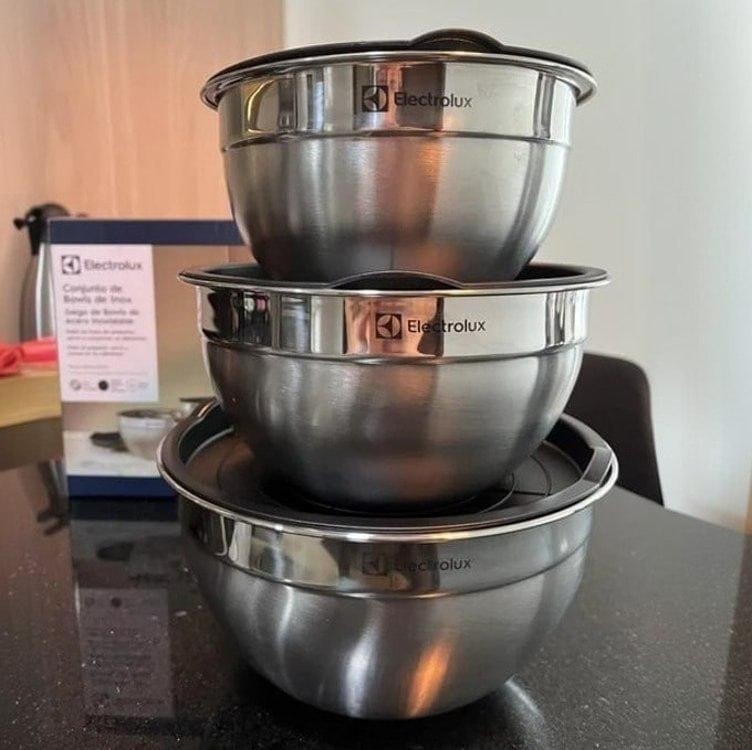 Conjunto com 03 Bowls Tigelas de Inox c/ Tampa Electrolux