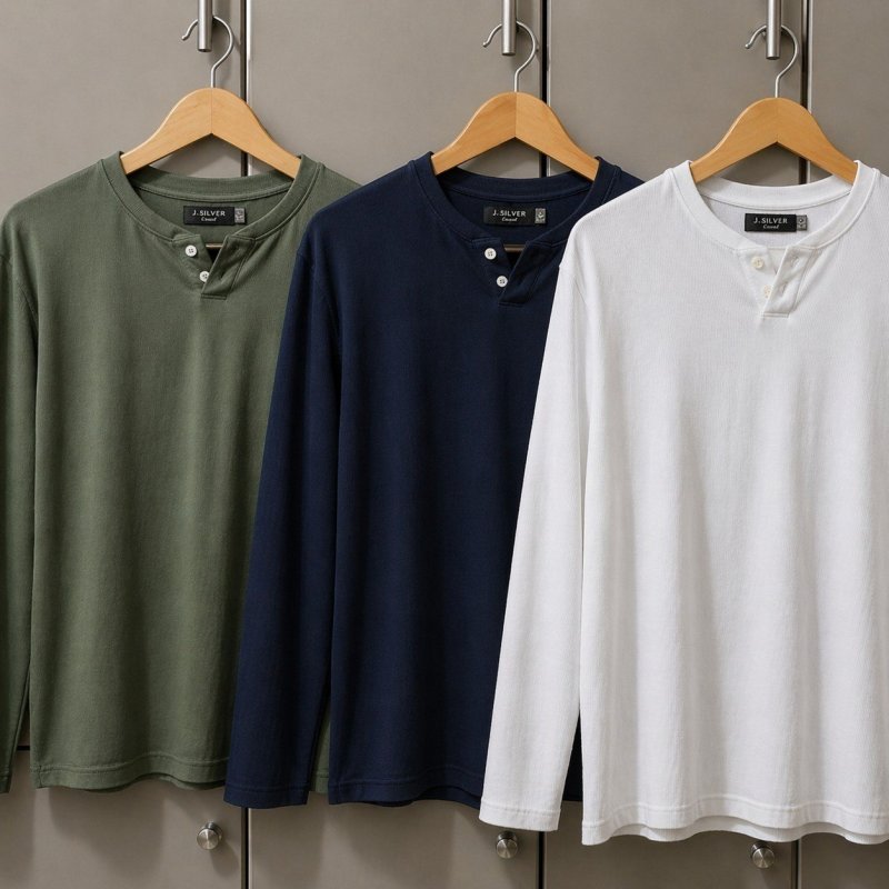 Camiseta Henley Masculina Manga Longa Slim 2 Botões Casual
