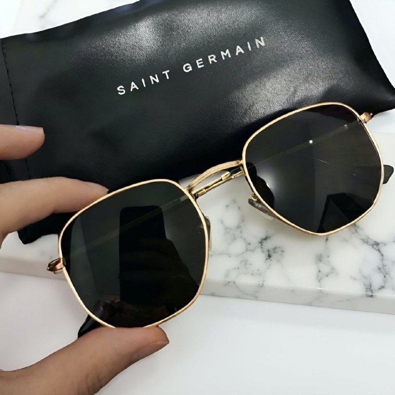 Óculos De Sol Saint Germain Dourado Harbor Aviador UV400 Lente Preto Desenho Espelho