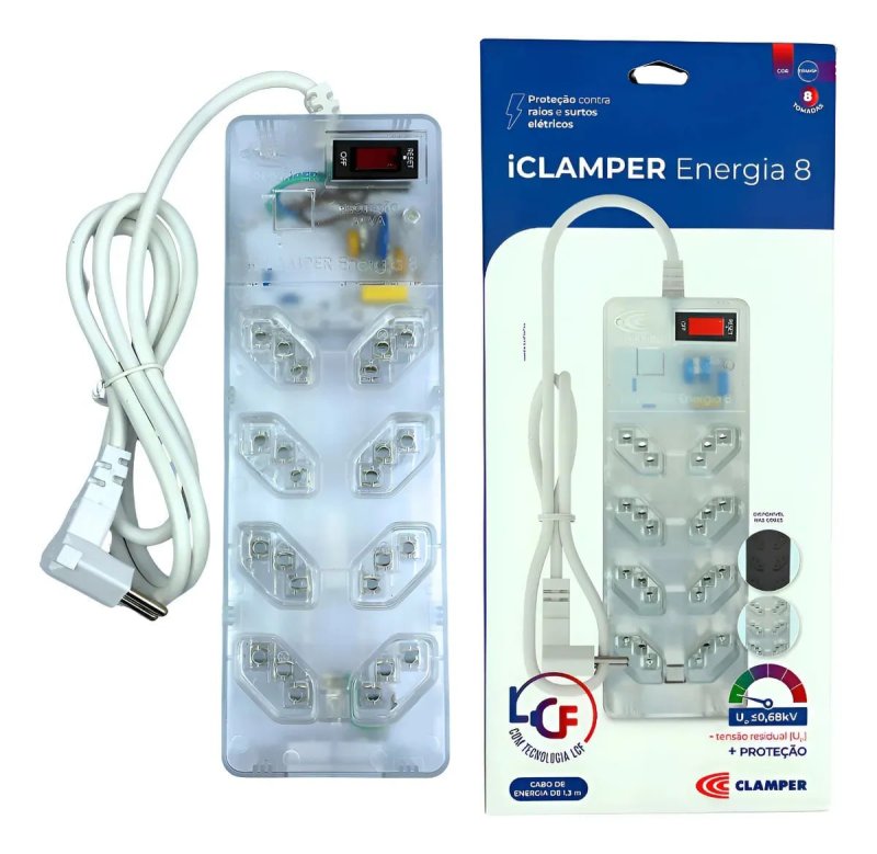 Filtro de Linha Clamper Energia 8 Tomadas Bivolt, com DPS e Proteção LCF Transparente