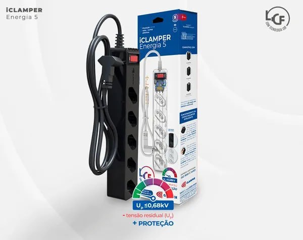 Filtro de Linha com Protetor de Surto DPS iClamper Energia 5 Tomadas 3 Pinos 10 Amperes com Tecnologia LCF Anti Raio Clamper Cor Preto