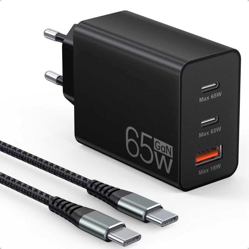 Carregador USB-C 65W com 3 Portas + Cabo de 2m