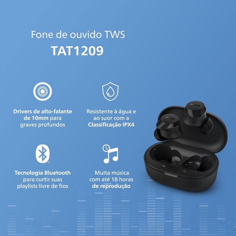 Philips TAT1209BK Fone TWS - Bluetooth Microfone IPX4 - Preto