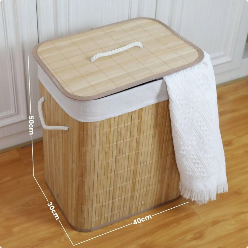 Cesto De Roupa Suja De Bambu Com Tampa E Alças 50 Litros Kontuz