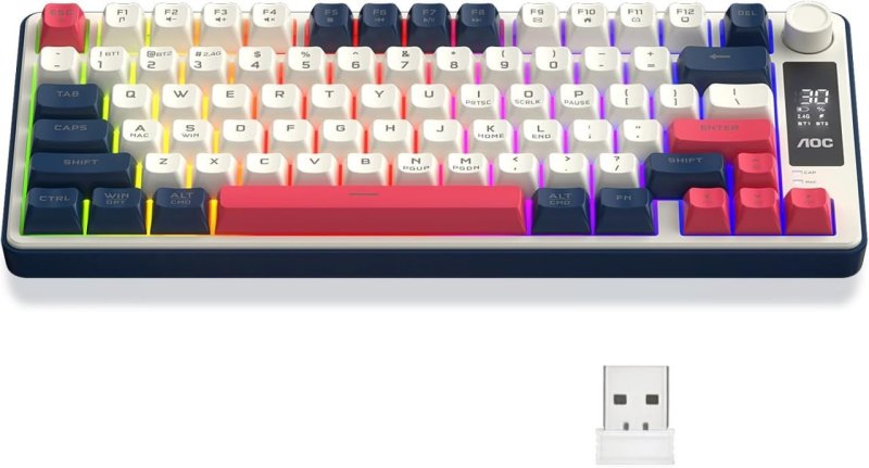 AOC GK280 Teclado sem fio 70%, Bluetooth Trimodo /2.4 GHz/USB-C, Teclado Gamer RGB LED Rainbow