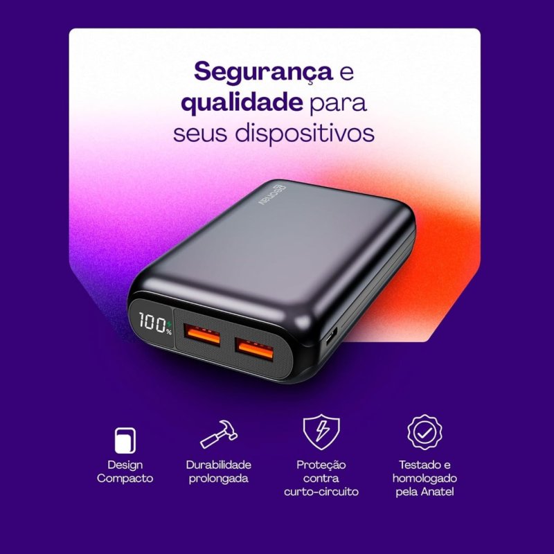 Geonav Power Bank 20.000mAh - USB-A 18W + USB-C 20W - Carregamento Rápido - Cinza