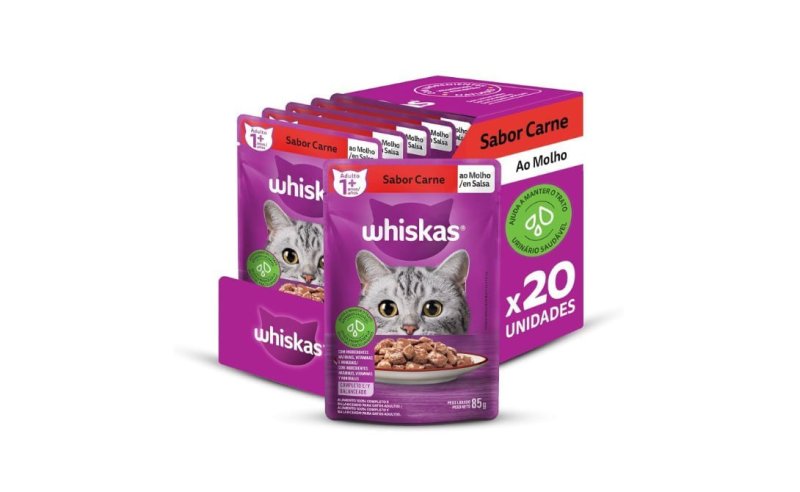 Pack 20 un. Ração Úmida Whiskas Sachê Carne ao Molho para Gatos Adultos 85g