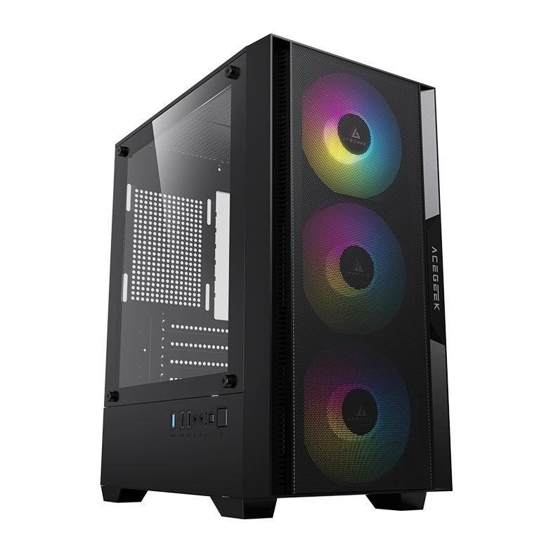 Gabinete Gamer Acegeek Stratus Mesh, Rainbow, Mid-Tower, Lateral de Vidro, Com 3 Fans, Preto