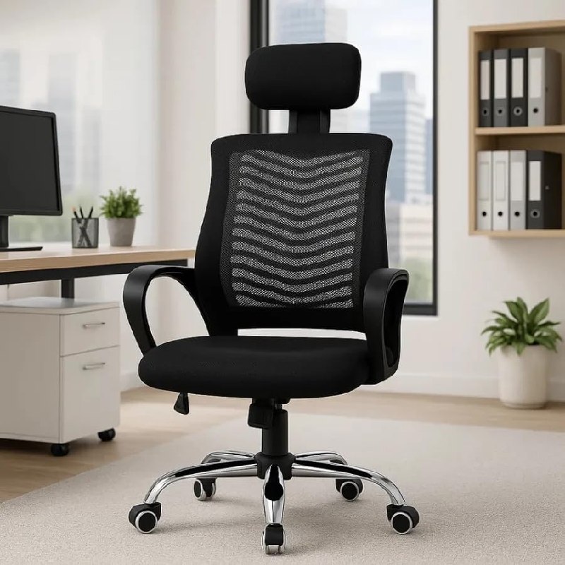 Cadeira de Escritório Ergonômica com Apoio de Cabeça – Preta