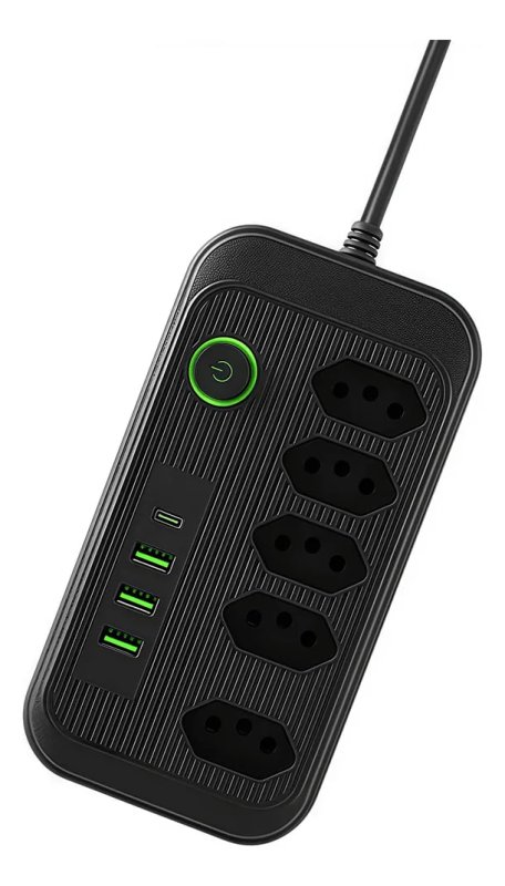 Extensão Bivolt com 5 Tomadas + 3 USB + 1 USB-C PD LED