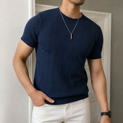 Blusa Masculina Básica Manga Curta Canelada Tricot Modal