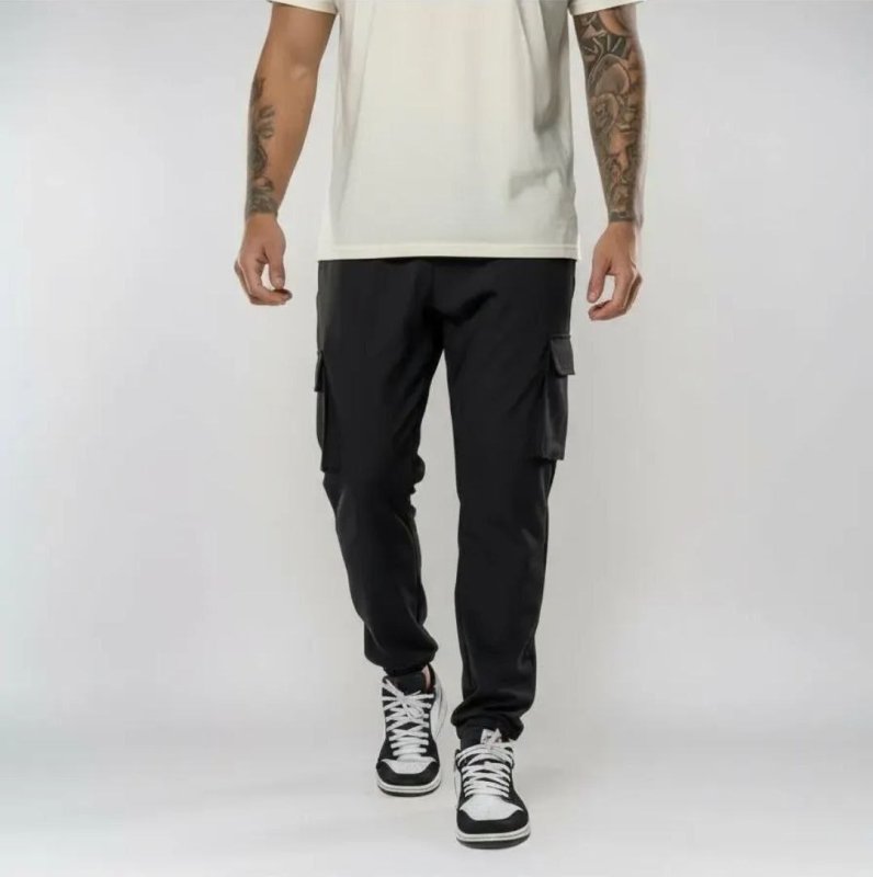 Calça Jogger Slim Masculina Mm Cargo Preta 4 Bolsos