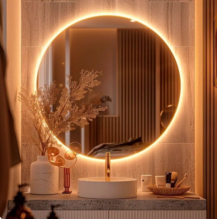 Espelho Redondo 50cm C/ Led Para Parede Quarto Banheiro Sala