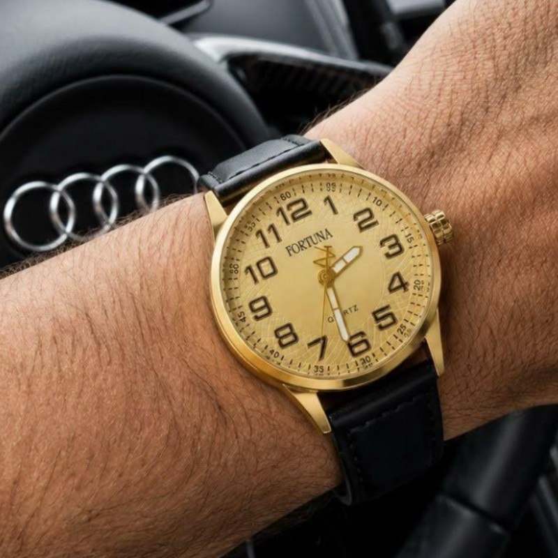 Relógio De Pulso Masculino Fortuna Old Money Minimalista Preto Cx Dourada