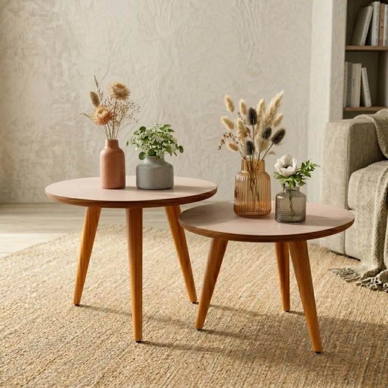 Conjunto Mesa De Centro Para Sala Lateral Redonda Pés Palito