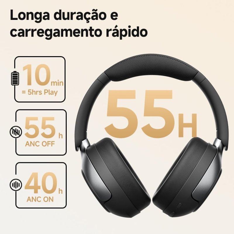 QCY H3 PRO ANC - Fone Bluetooth - Cancelamento 50dB - 55h Bateria - Preto
